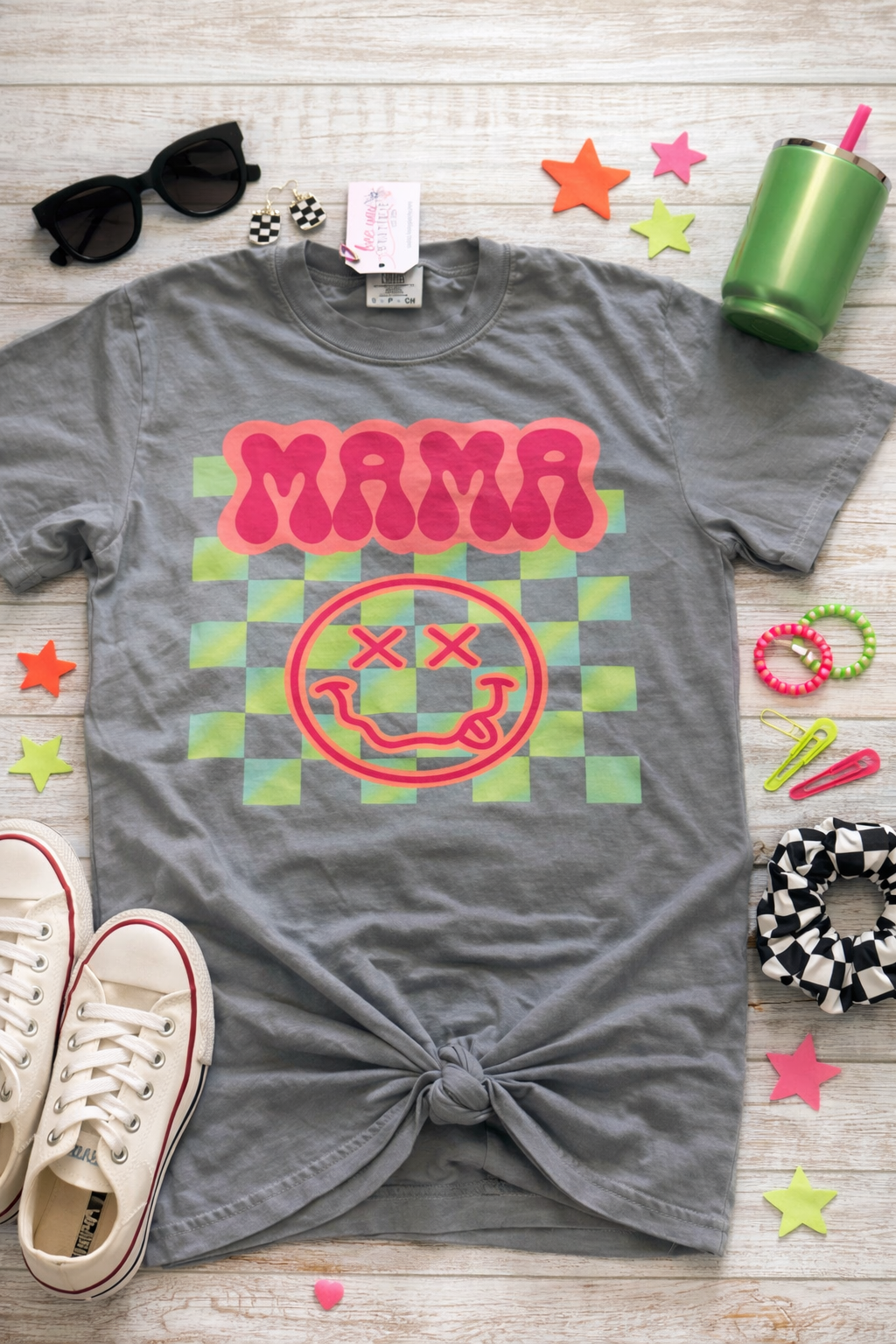 Comfort Colors Neon Checkered “MAMA” T-Shirt – Retro Mom Tee