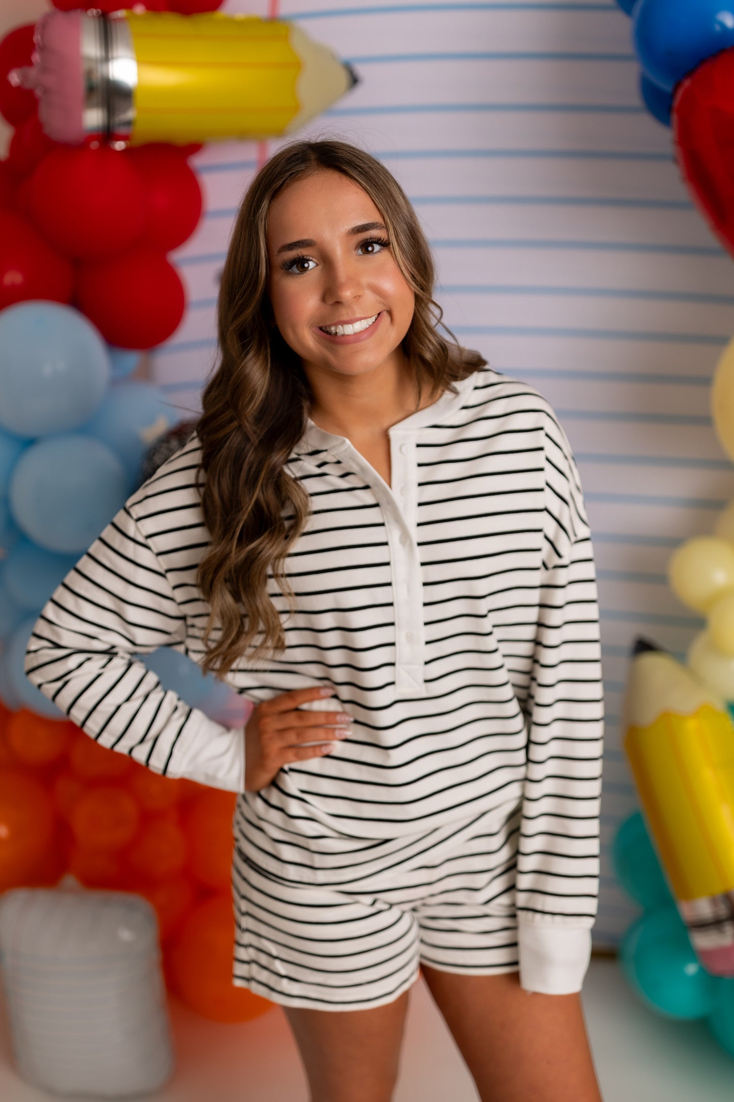 Striped Long Sleeve Top & Shorts Lounge Set | Casual Two-Piece Outfit