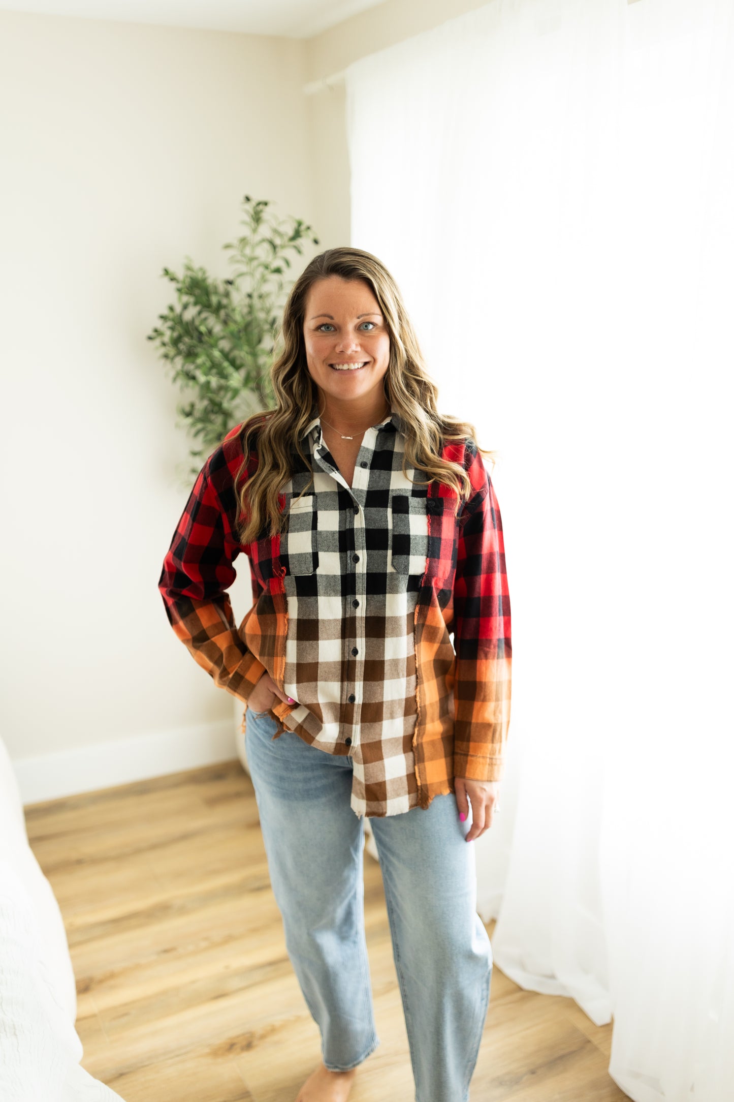 Red, Black & Orange Flannel Shirt – Soft Plaid Button Down for Women