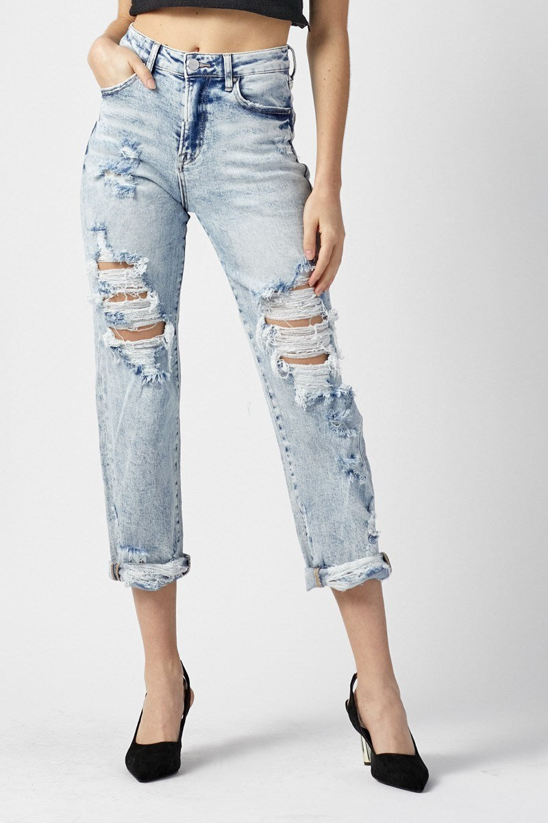 Risen High Rise Cropped Boyfriend Jeans – Relaxed Fit, Stretch Denim