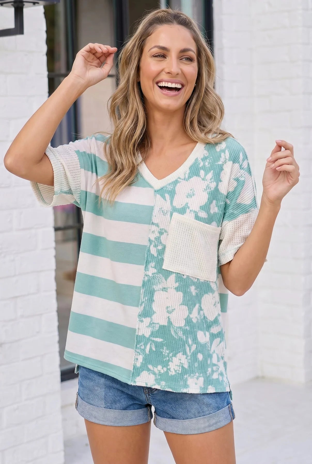 Mint Stripe & Floral Mixed Print Waffle Top | Short Sleeve Boutique Shirt
