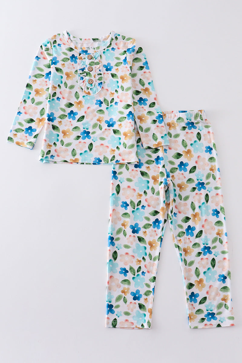 Blue Floral Print Bamboo Pajamas