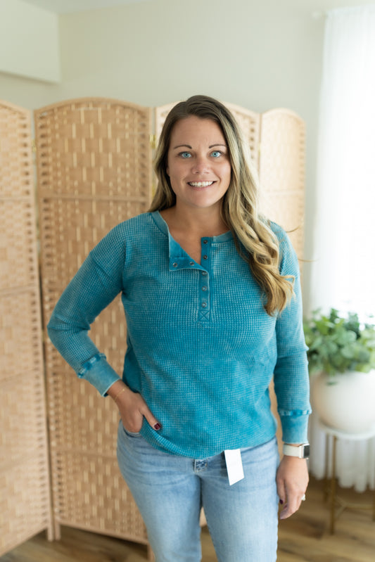 Acid Wash Waffle Henley Long Sleeve
