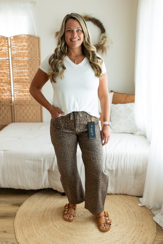 Risen Brown Leopard Barrel Jeans | Tie Waist Barrel Leg Stretch Denim