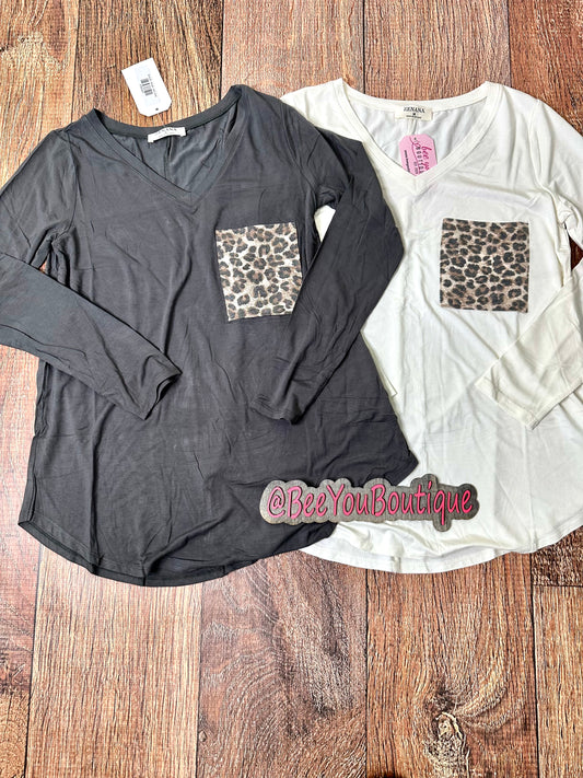 Luxe Rayon Long Sleeve V-Neck Leopard Pocket Top