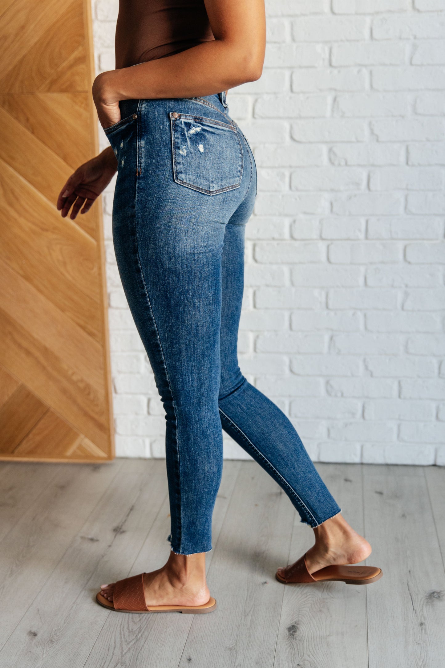 Judy Blue High Rise Control Top Distressed Hem Skinny Jeans