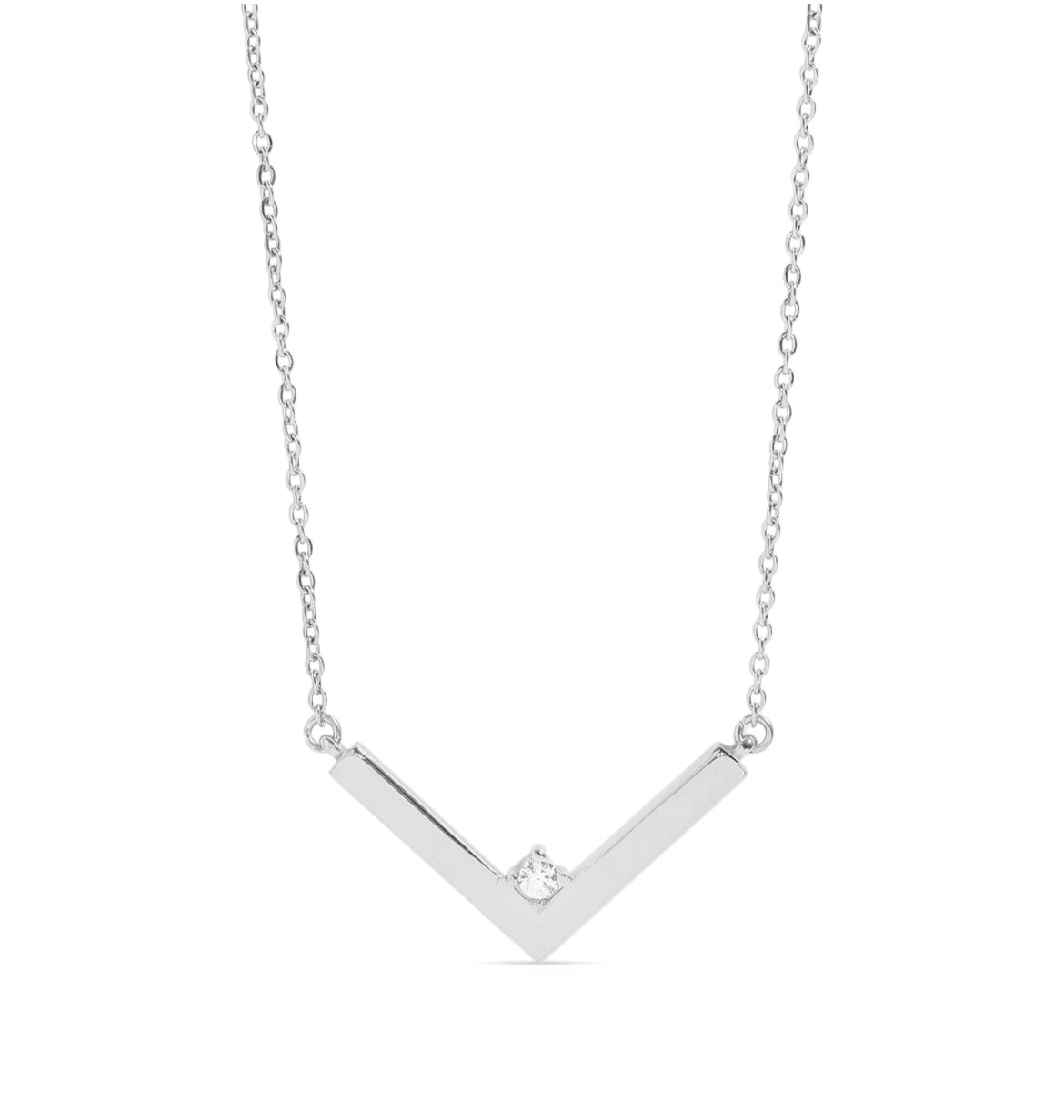 18K PVD Coated Stainless Steel V-Shaped Pendant Necklace with CZ Accent - In Silver