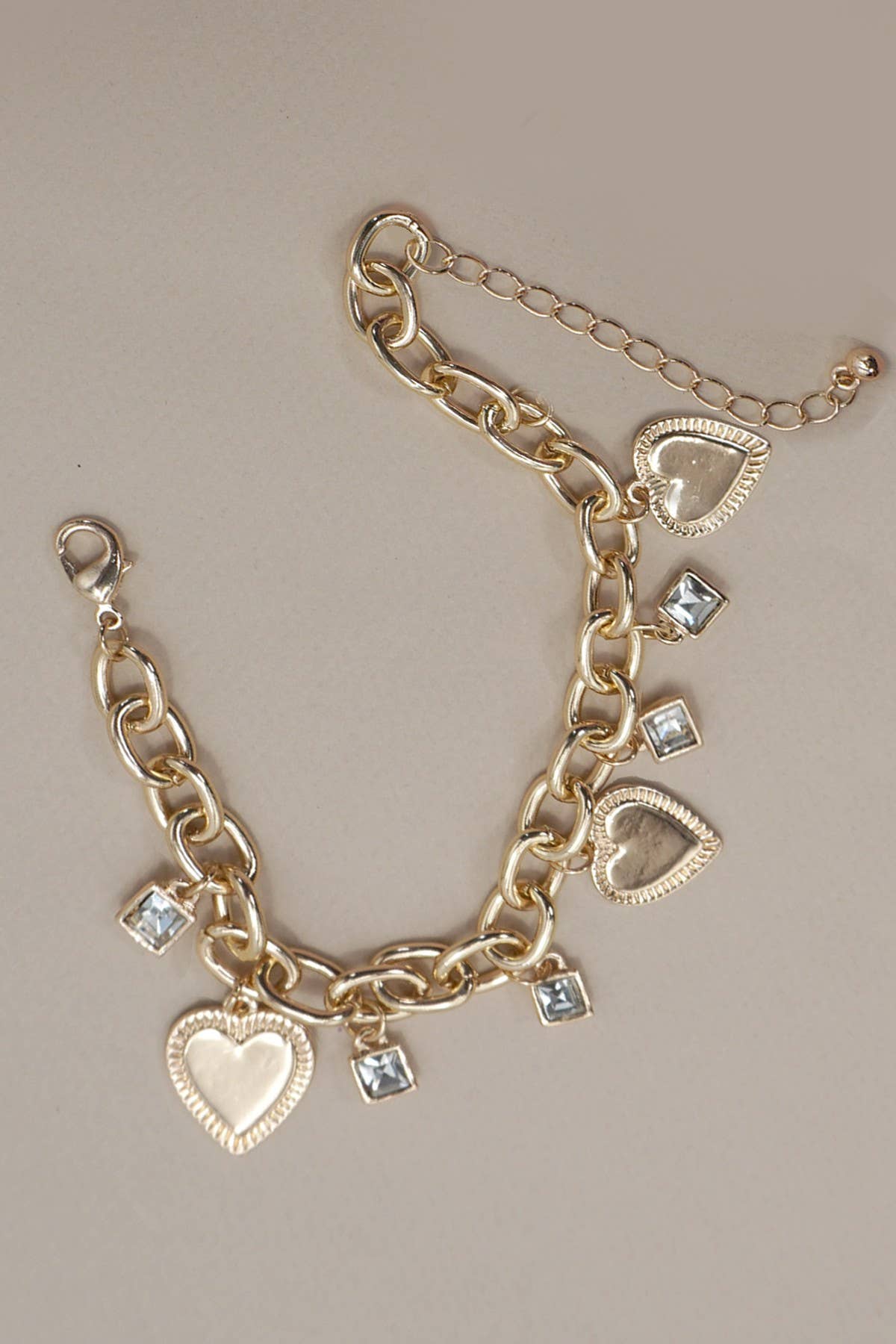 Gold Heart and Rhinestone Charm Bracelet | Adjustable Trendy Charm Chain Bracelet
