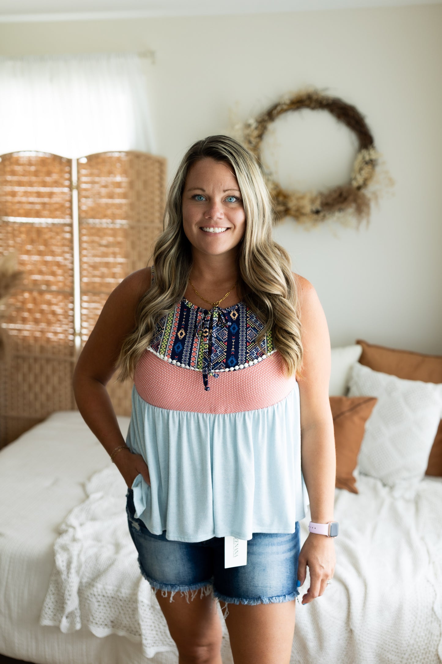 Mixed Print Babydoll Tank Top with Front Tie | Flowy Boutique Sleeveless Top