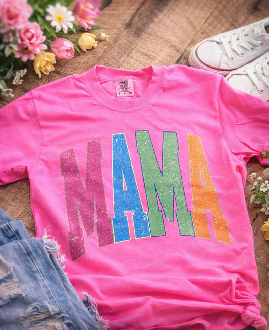 Neon Pink “MAMA” Graphic T-Shirt – Bright Retro Comfort Colors Style Tee
