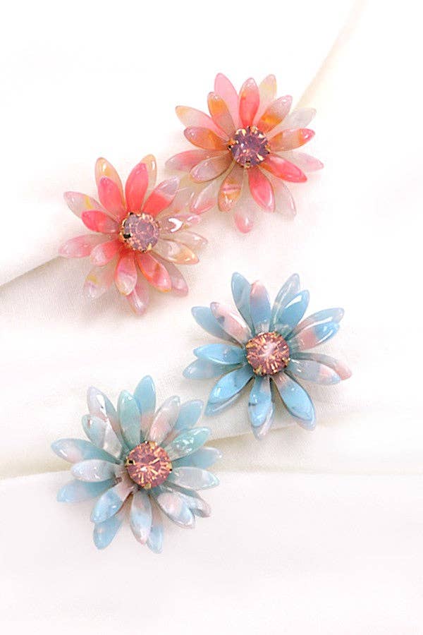 Handmade Daisy Acrylic Earrings with Rhinestones | Lightweight Floral Statement Earrings