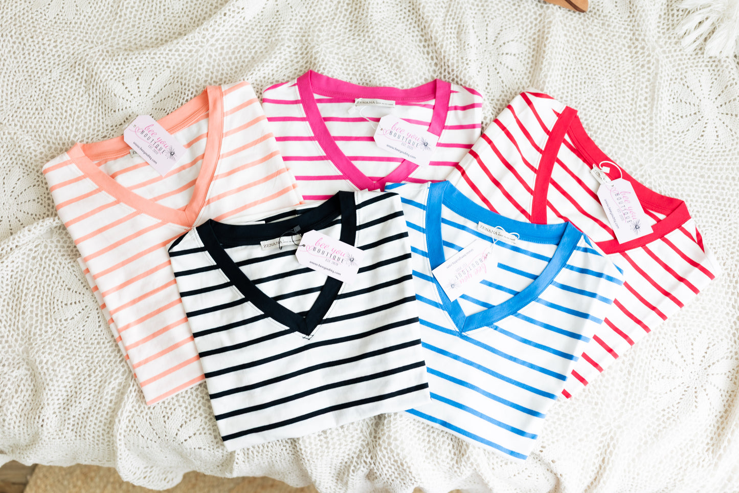 Striped V-Neck T-Shirt with Contrast Neckline | Casual Short Sleeve Boutique Top