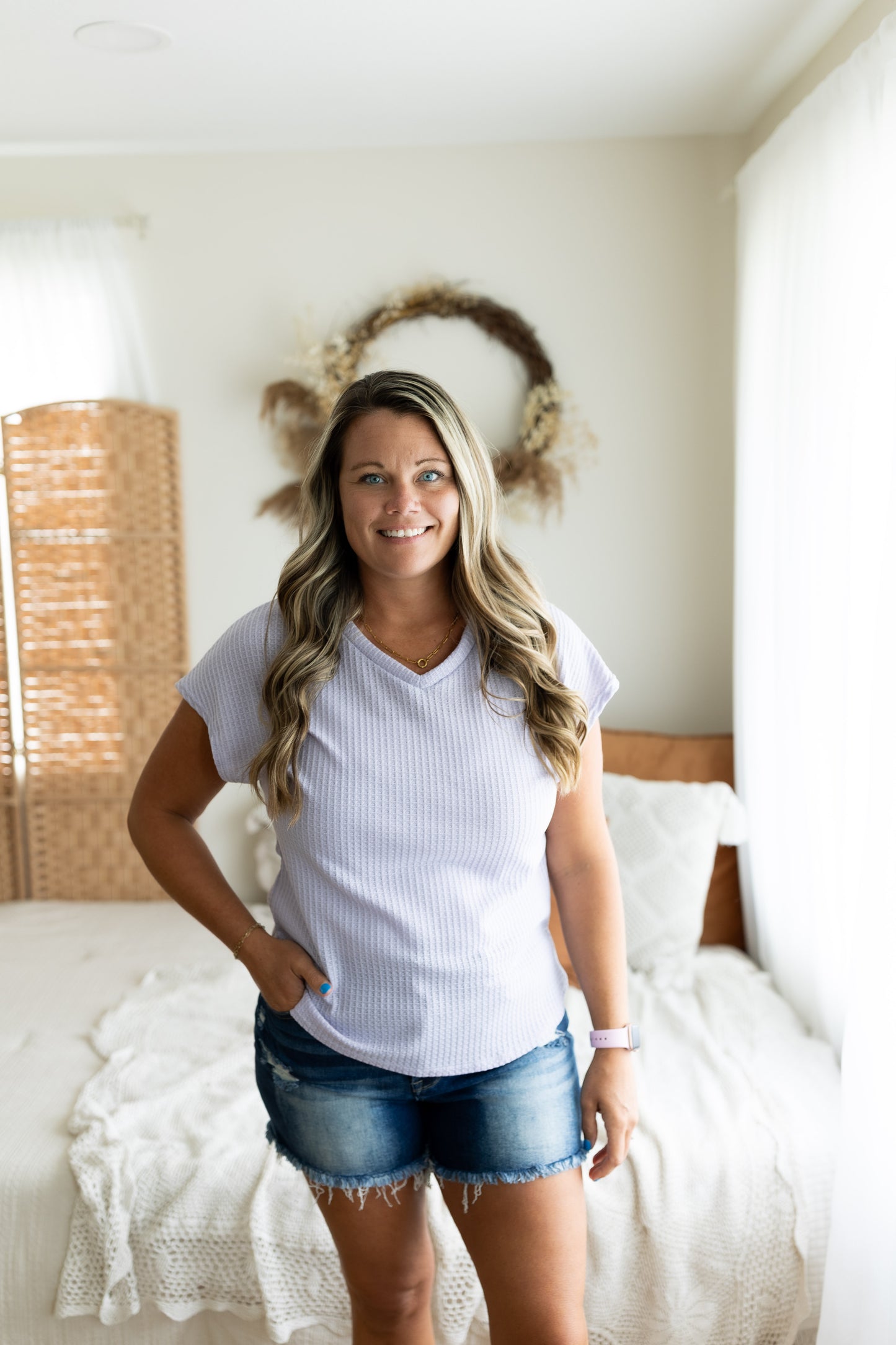 V-Neck Ribbed Knit Top | Banded Drop Shoulder Cap Sleeve Shirt
