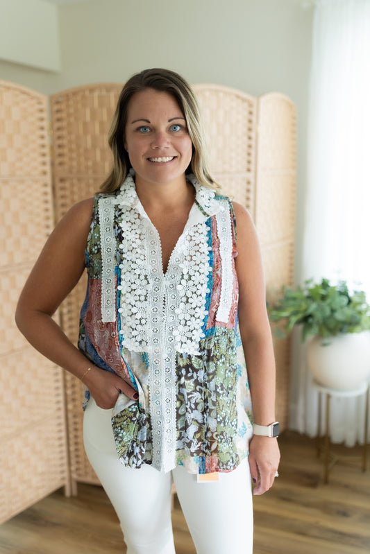 Boho Patchwork Sleeveless Top with Lace Detail by POL