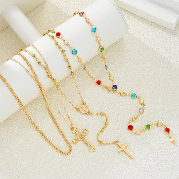 Boho Y Layered Cross Lariat Necklace with Multi Stone Accents | Gold Layered Necklace