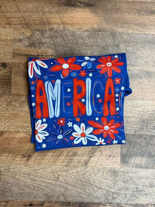 America Floral Graphic T-Shirt | Patriotic Red White & Blue Flower Tee