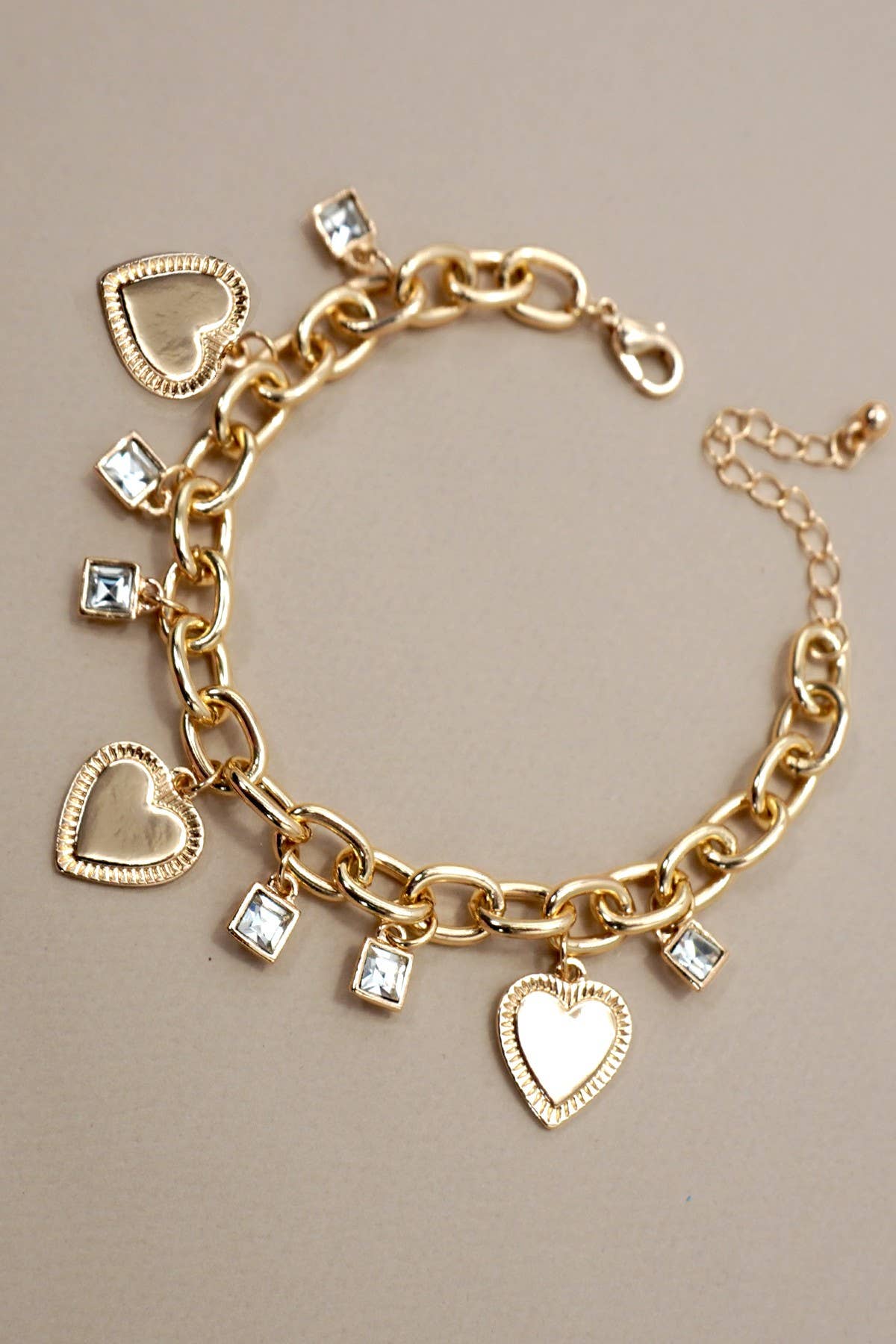 Gold Heart and Rhinestone Charm Bracelet | Adjustable Trendy Charm Chain Bracelet