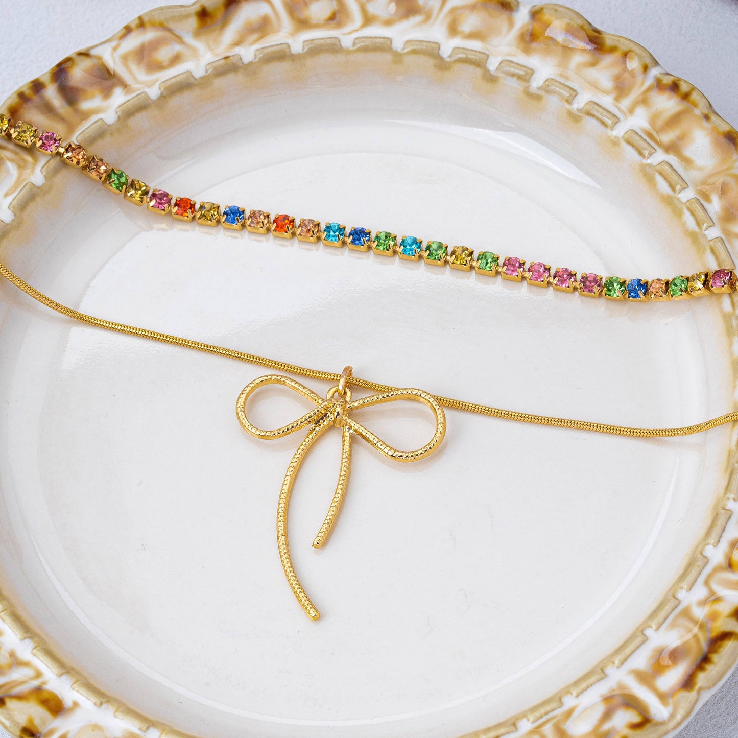 Rainbow Gemstone Bow Layered Necklace