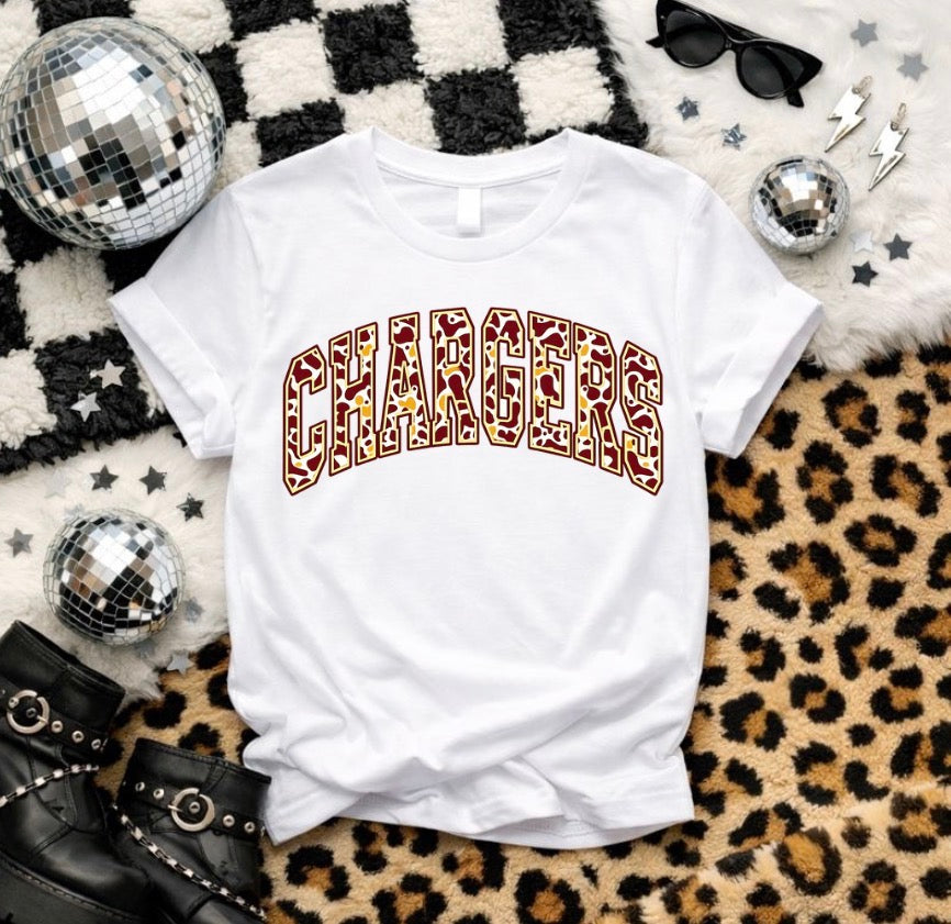 Pike Central Chargers Leopard Varsity Graphic Tee, Long Sleeve or Crewneck | Burgundy & Gold Spirit Wear | Youth 2T–Adult 3X