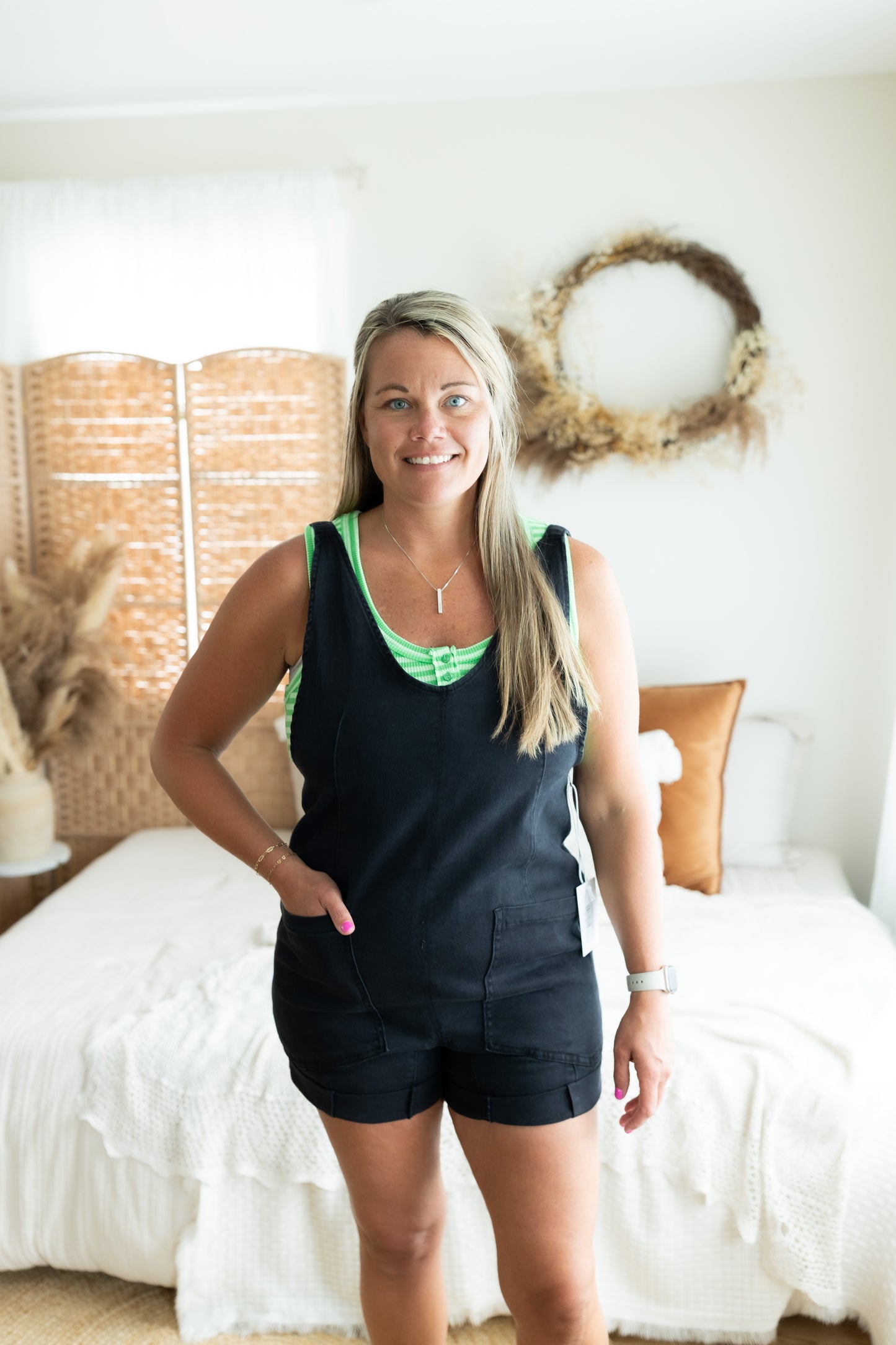 Washed Adjustable Strap Romper with Pockets – Casual Sleeveless Romper for Women