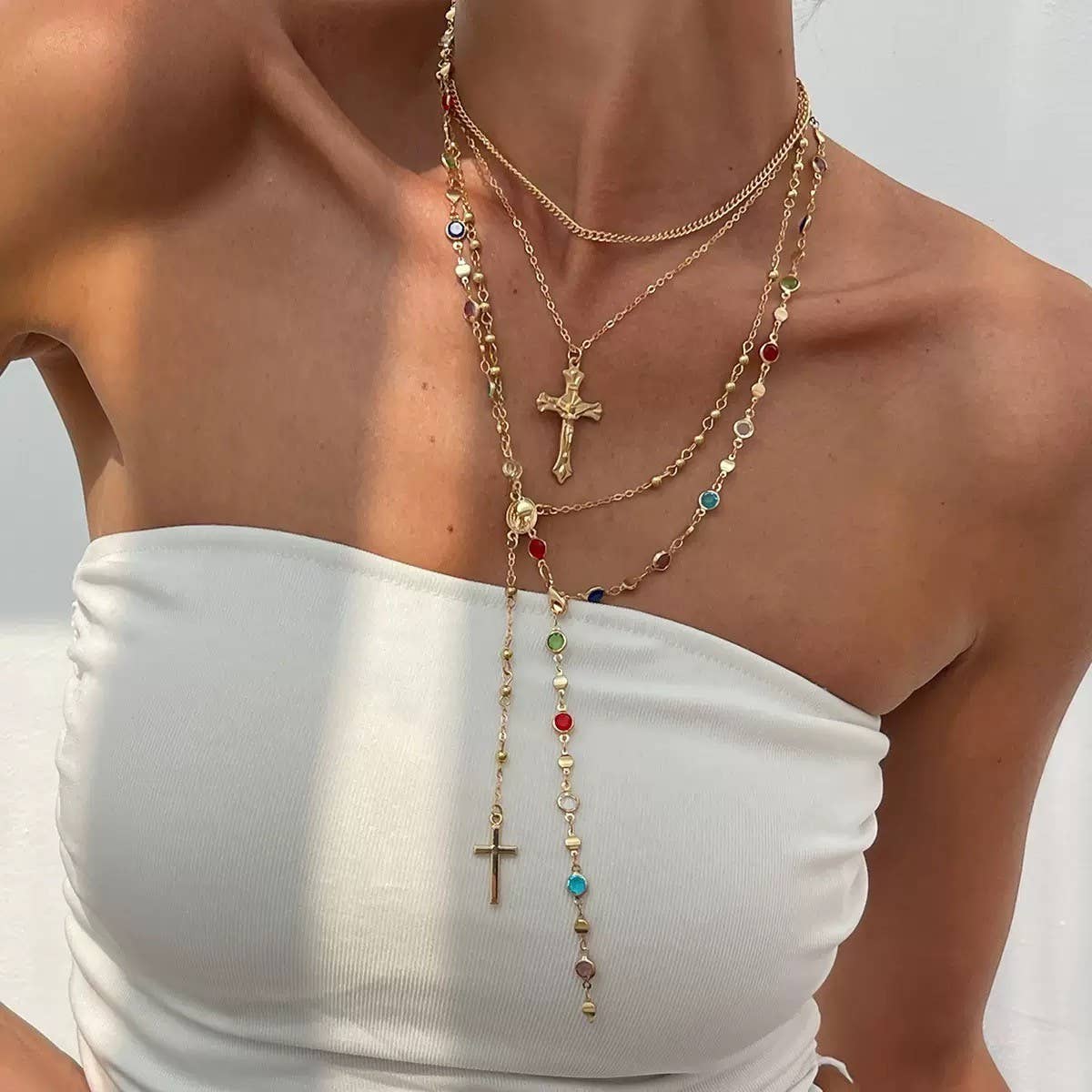 Boho Y Layered Cross Lariat Necklace with Multi Stone Accents | Gold Layered Necklace