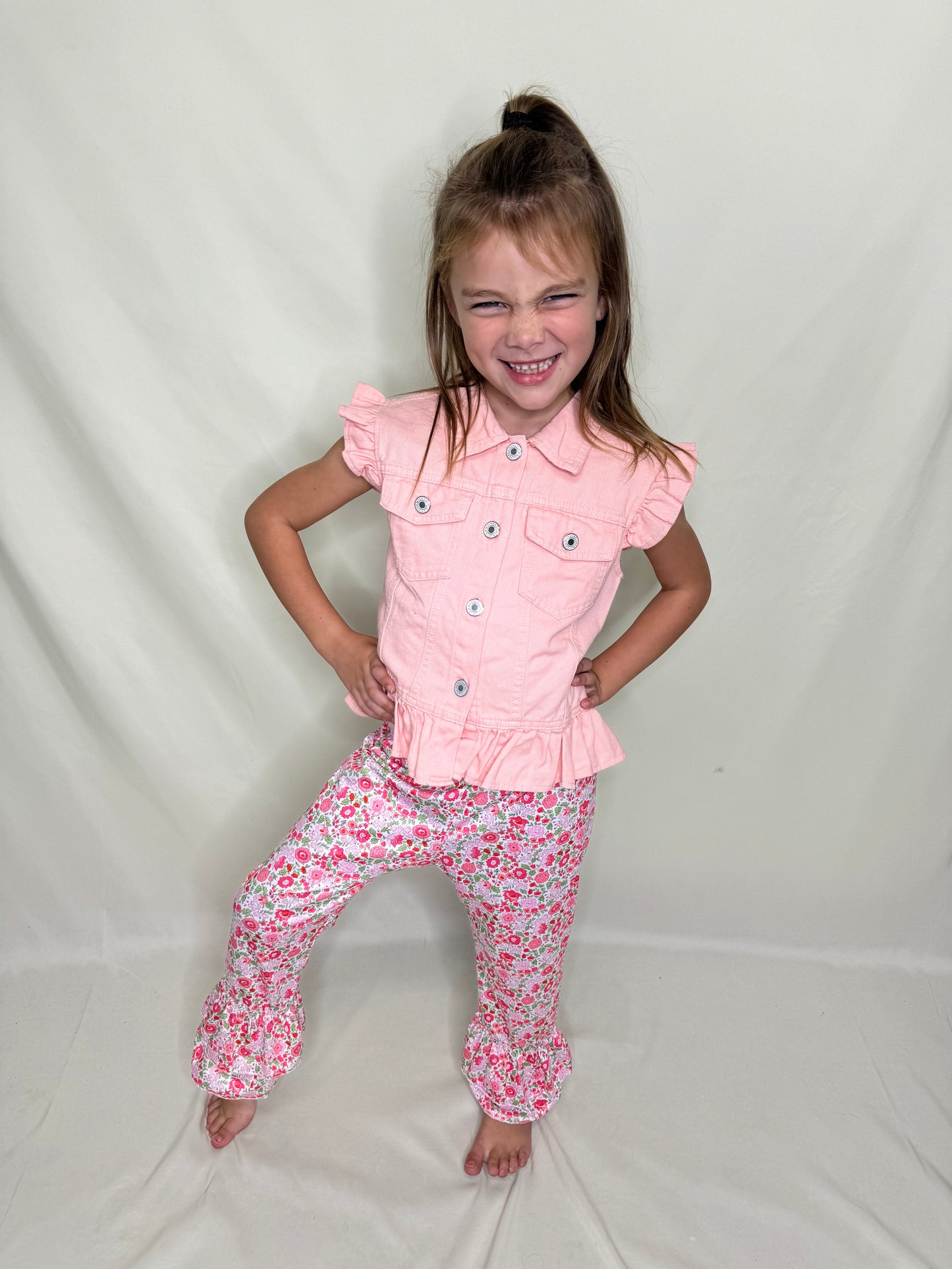 Pink Denim Vest and Floral Pant Outfit