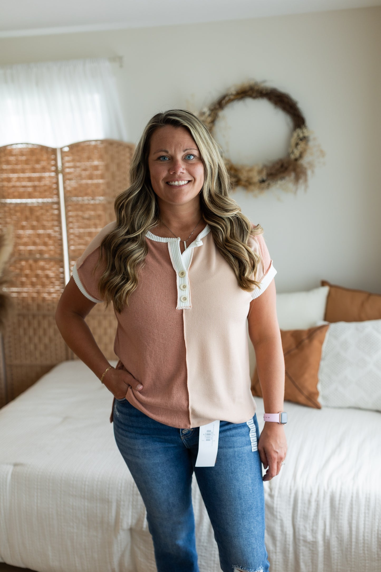 Ribbed Color Block Patchwork Top | Raw Edge Button Front Relaxed Fit Shirt