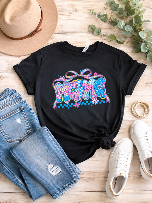 Mama Floral Patchwork Graphic Tee | Bella Canvas Black Retro Mom Shirt