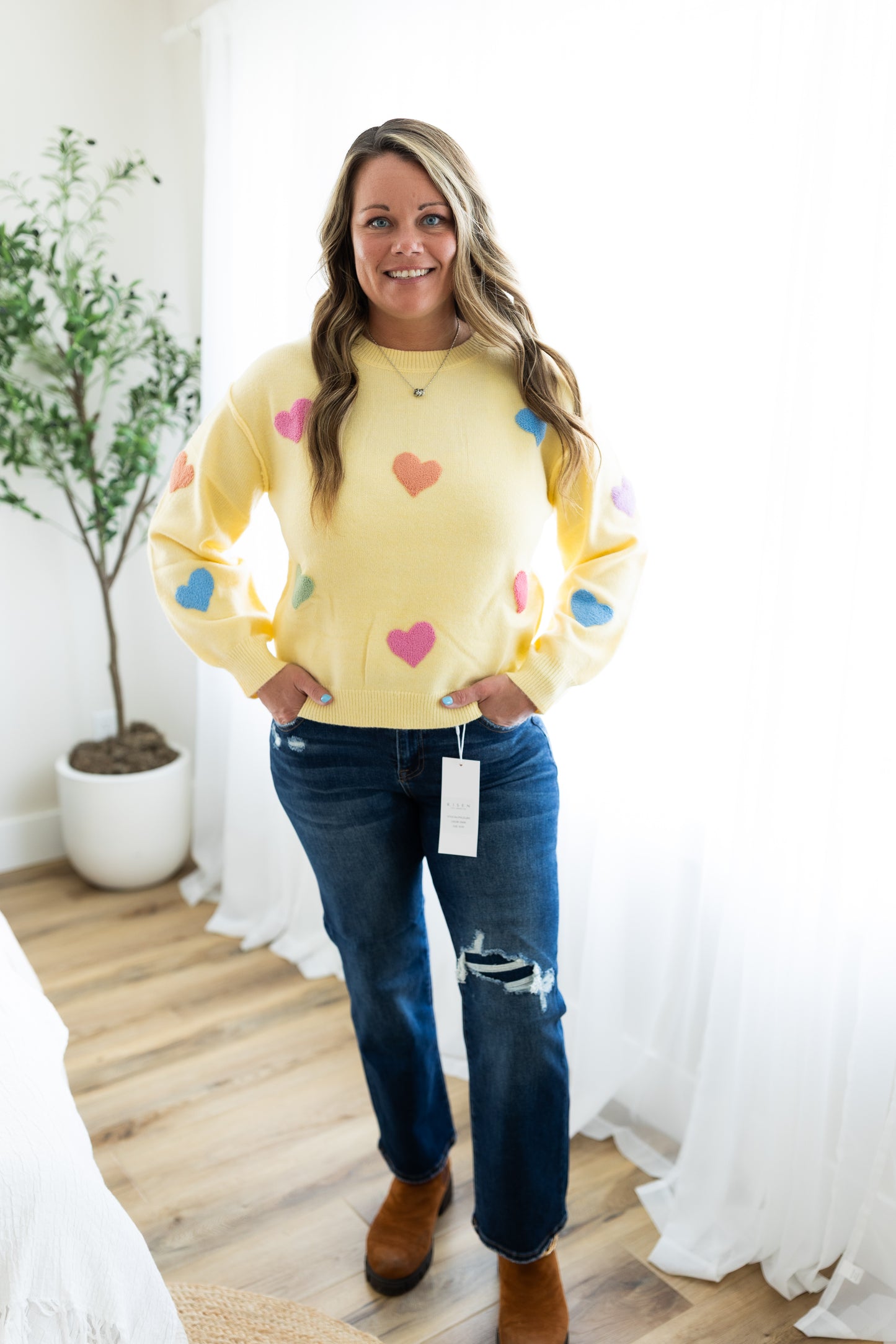 Yellow Knit Sweater with Multicolor Hearts | Cozy & Playful Statement Top