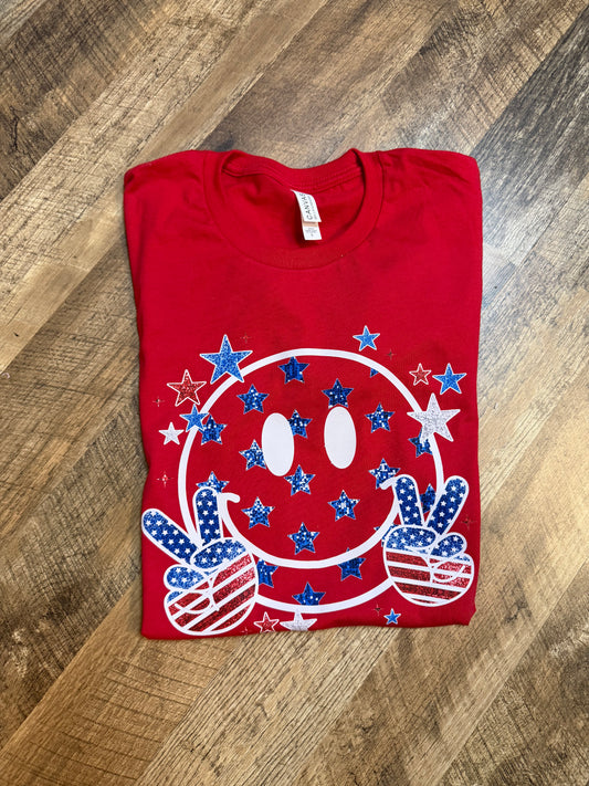 Patriotic Smiley Face Graphic Tee | Red Bella Canvas American Flag Shirt