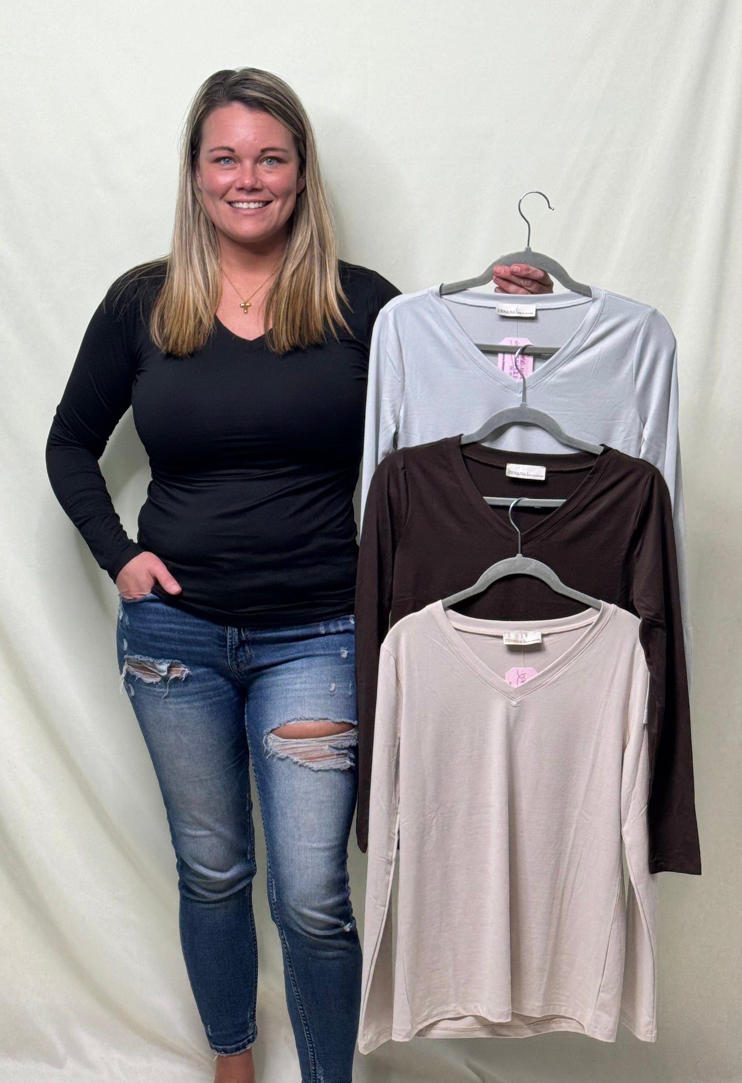 Brushed Microfiber Long Sleeve V-neck Top (Four Colors)