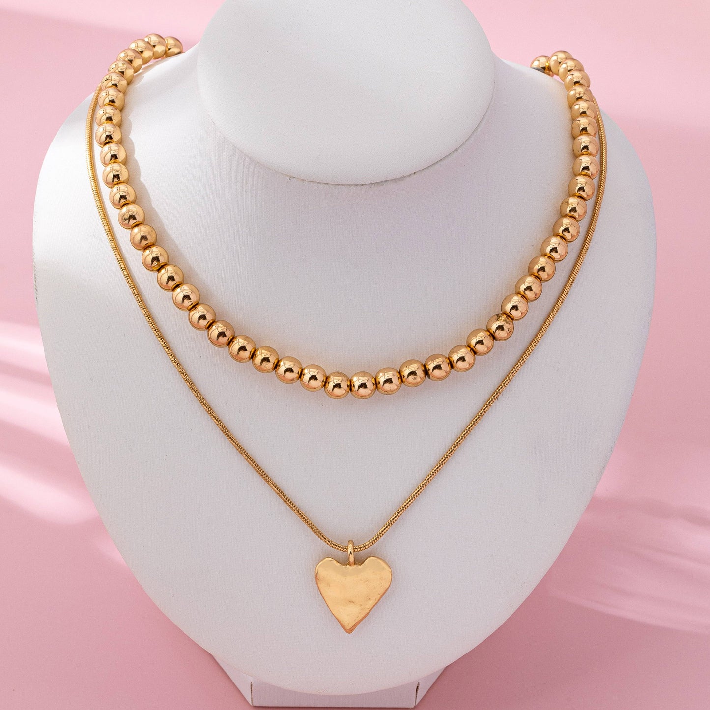 DOUBLE LAYER BALL CHAIN HEART CHARM NECKLACE | 80N92736