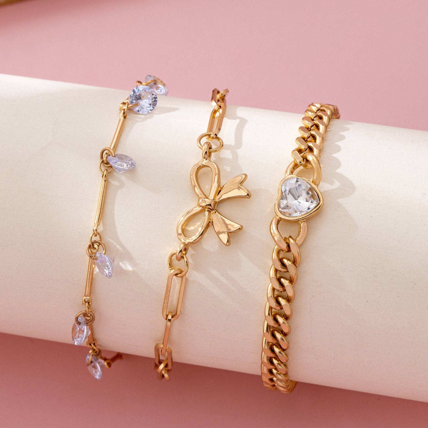 Gold Triple Stack Chain Bracelet Set with Bow and Crystal Heart | Chunky Link Layered Bracelets