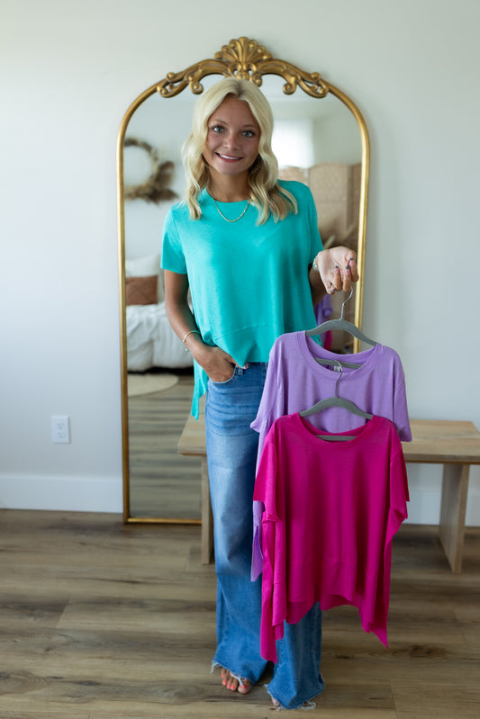 Shark Bite Side Slit Short Sleeve Top | Soft Stretch Everyday Shirt