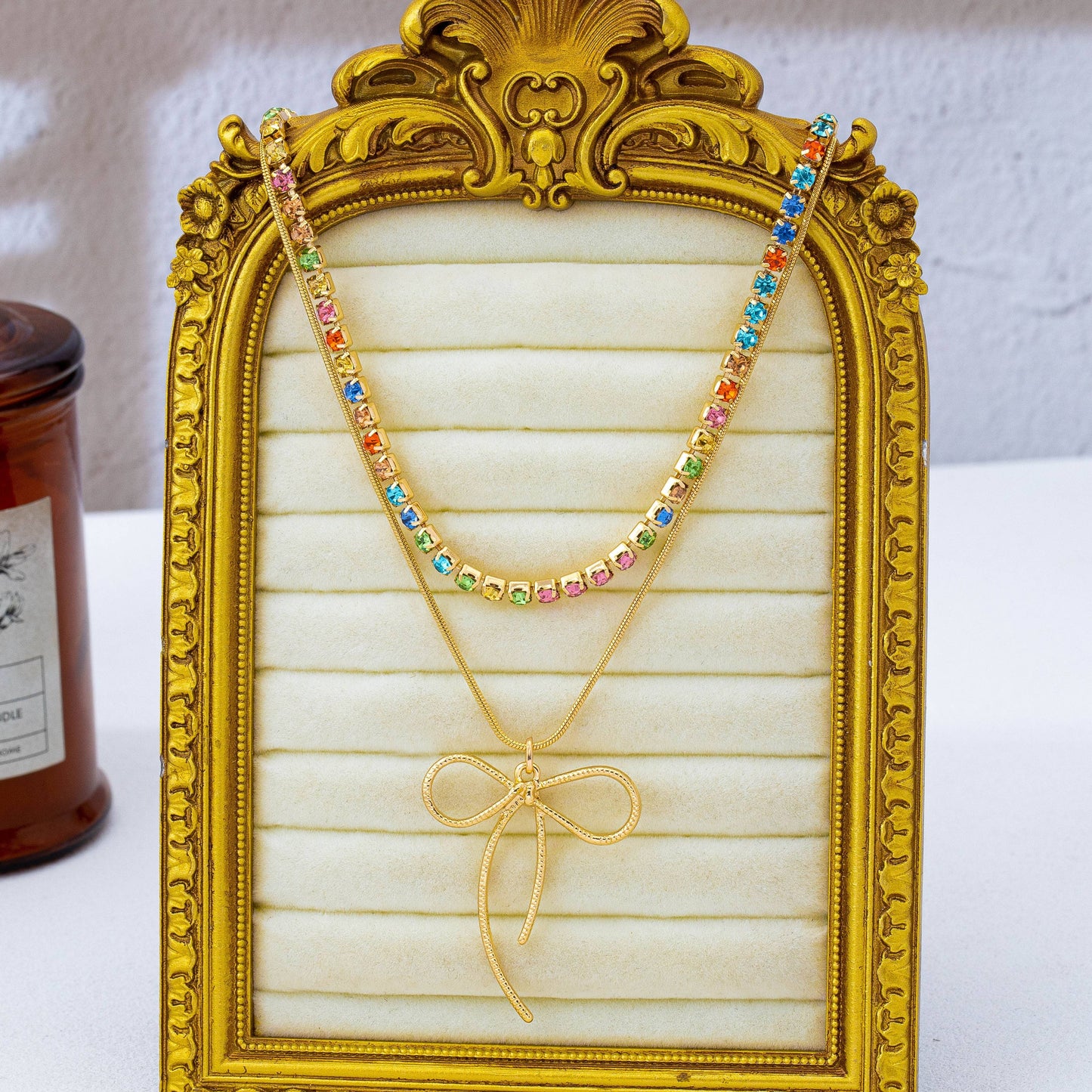 Rainbow Gemstone Bow Layered Necklace