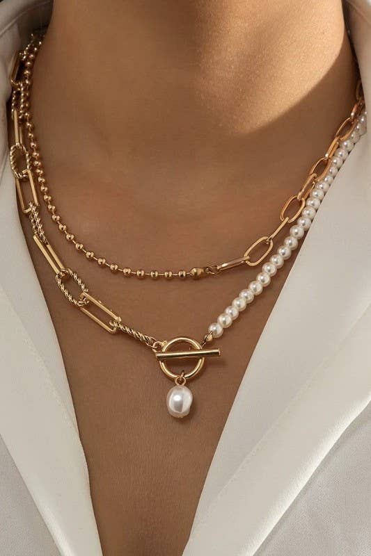 Pearl Mix Double Layer Toggle Necklace | Gold Layered Pearl Chain Necklace