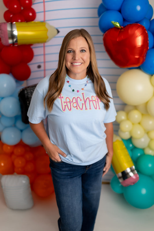 Comfort Colors Embroidered Teacher T-Shirt | Light Blue Graphic Tee