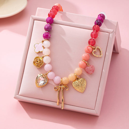 Colorful Beaded Charm Necklace with Bow Heart and Flower | Pink Purple Gradient Statement Necklace
