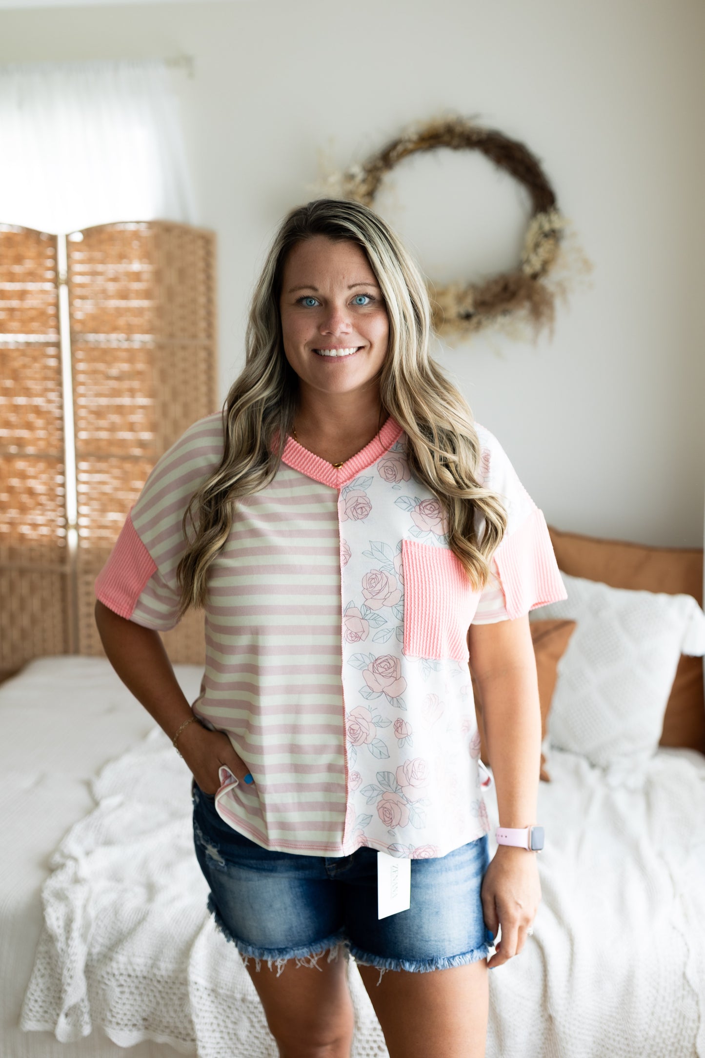 Floral Print French Terry Color Block Top | V-Neck Short Sleeve Knit Shirt
