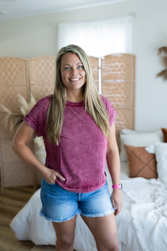 Ribbed Acid Washed Rayon Top – Soft Stretch Everyday Tee