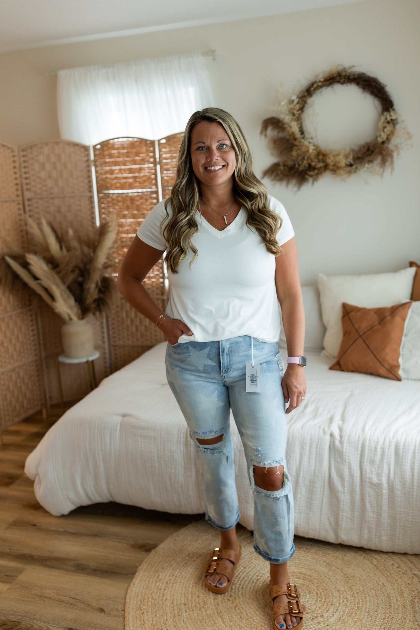 Risen Light Wash Slouch Cropped Jeans with Star Detail | High Rise Distressed Denim