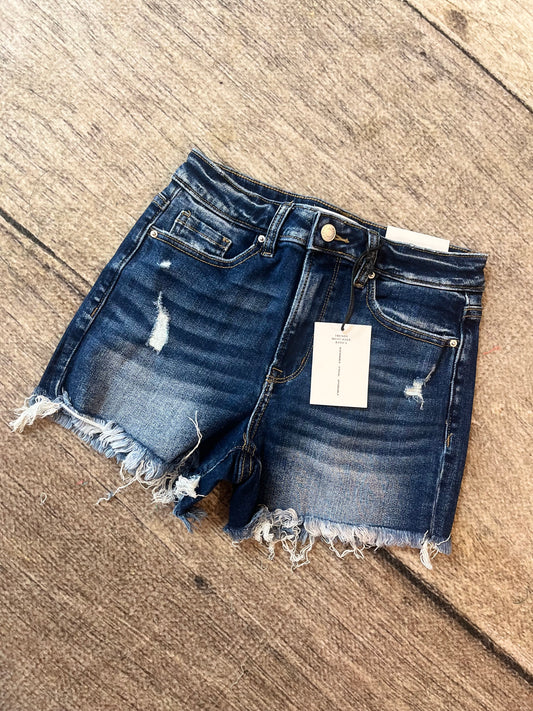 Zenana Dark Wash Frayed Hem Shorts