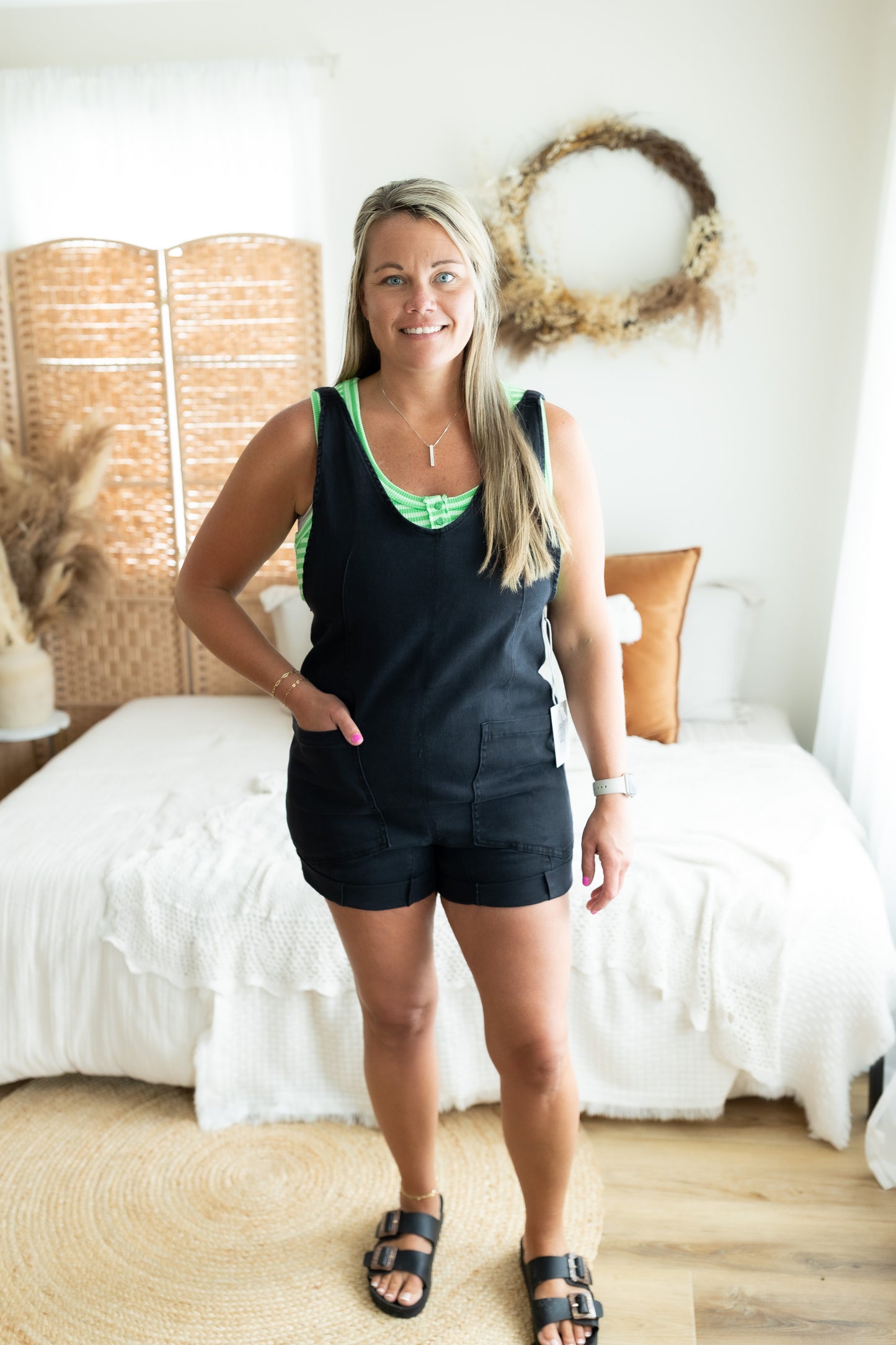 Washed Adjustable Strap Romper with Pockets – Casual Sleeveless Romper for Women