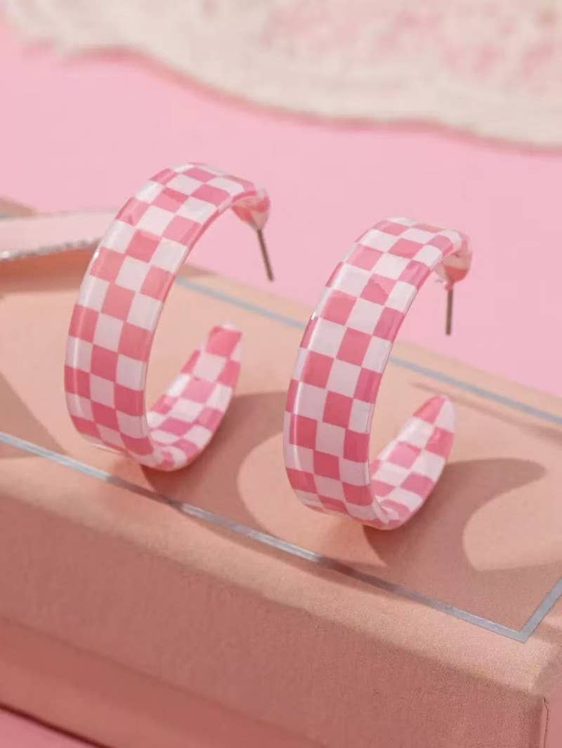 Retro Checkerboard Hoop Earrings | Lightweight Gold Plated Statement Earrings