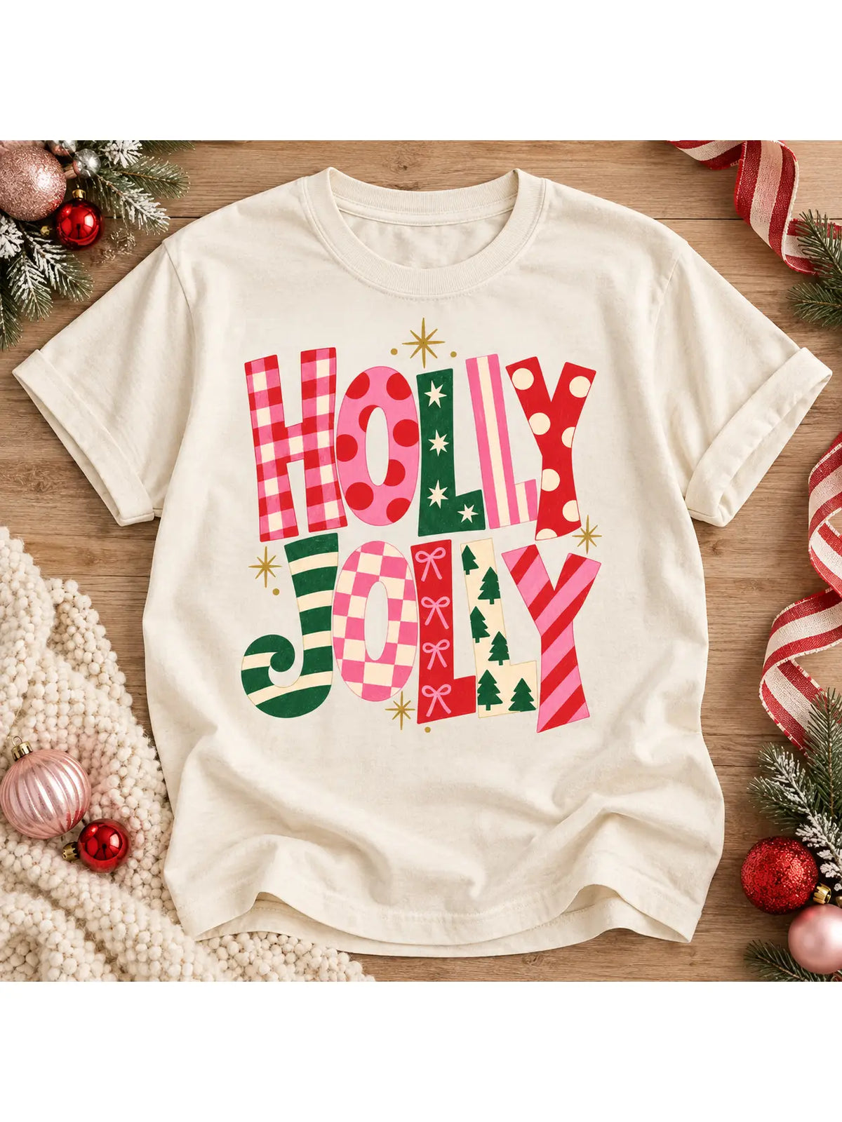 Holly Jolly Patterned Letter Christmas Graphic Tee