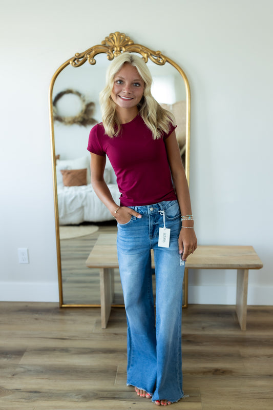 Zenana High Rise Raw Hem Flare Jeans | Stretch Flare Denim