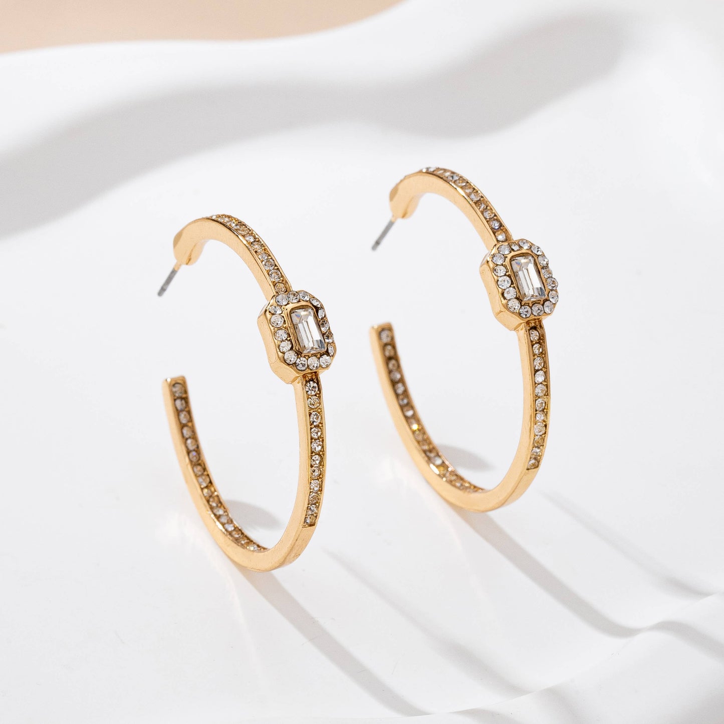 Gold Hoop Earrings with Square Crystal | Dainty Sparkle Hoops with Titanium Posts