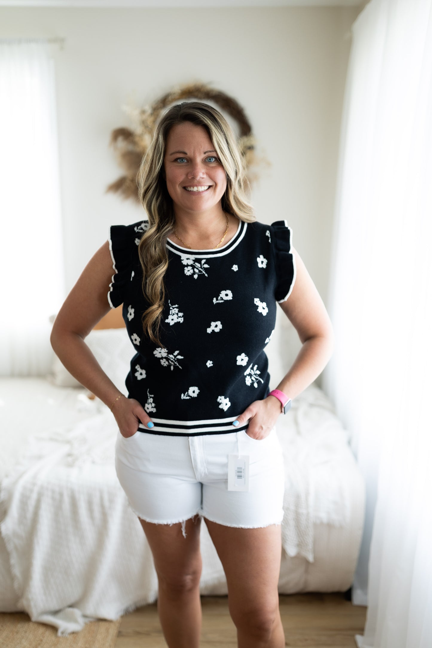 Black Floral Sweater Top with White Flowers & Ruffle Sleeves