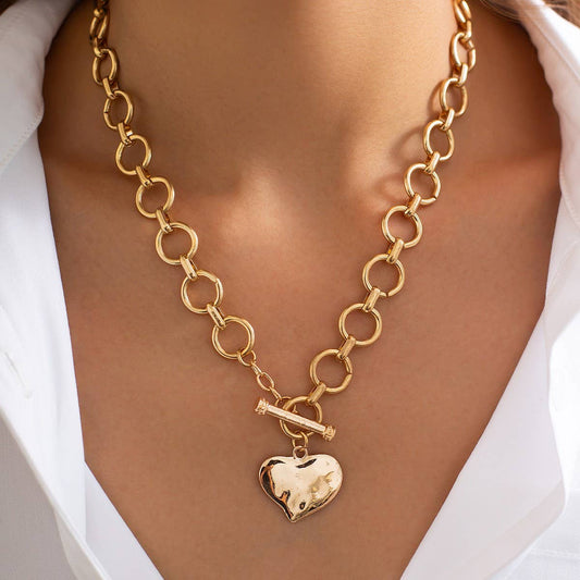 Hammered Heart Toggle Necklace | Gold or Silver Statement Heart Pendant Necklace