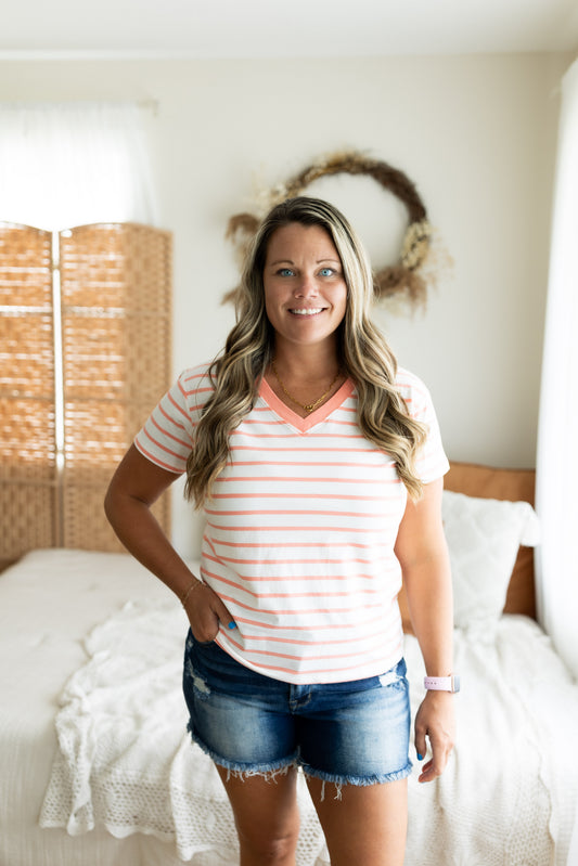 Striped V-Neck T-Shirt with Contrast Neckline | Casual Short Sleeve Boutique Top